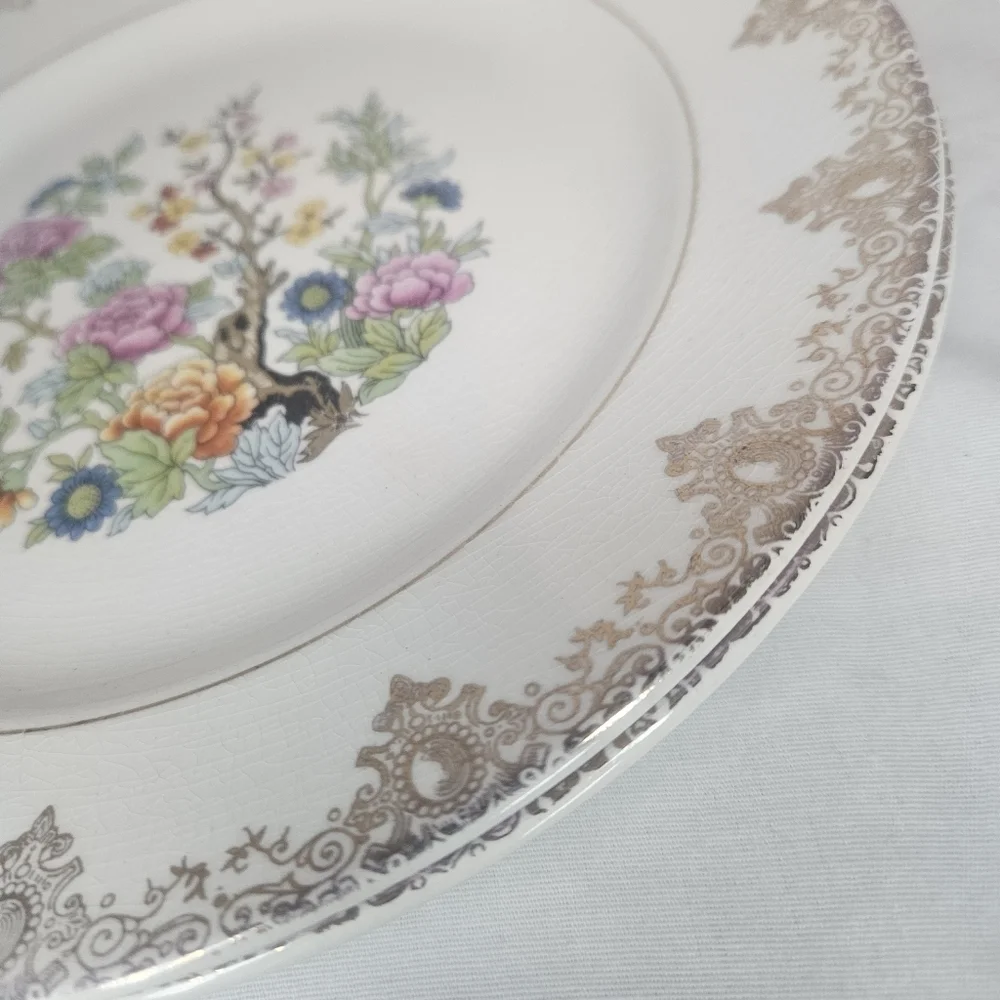 VTG Salem China Indian Tree Dinner Plates Set of 2 23K Gold Filigree 10”